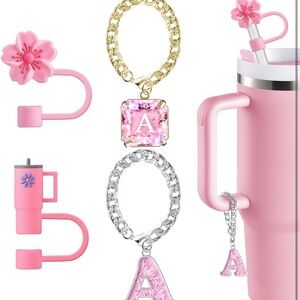 🌸 Pink Straw Cover & Initial Charm Set – Fits Stanley 30 & 40 oz (10mm)